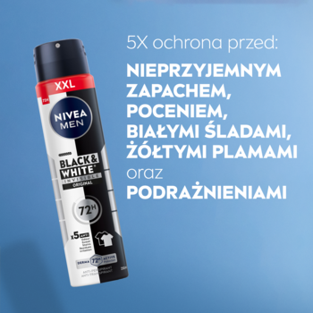 NIVEA MEN Black & White Original Antyperspirant spray XXL, czarno-biała butelka, z przodu na niebieskim tle.