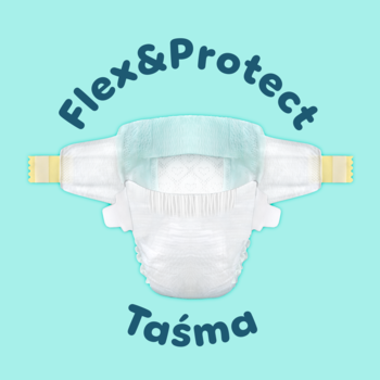 Pieluszka Pampers Flex&Protect z żółtymi taśmami, widok z przodu, na turkusowym tle. Napisy: Flex&Protect, Taśma.