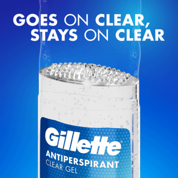Antyperspirant Gillette Clear Gel, przezroczysty, widok przodu aplikatora, tekst 'GOES ON CLEAR'.