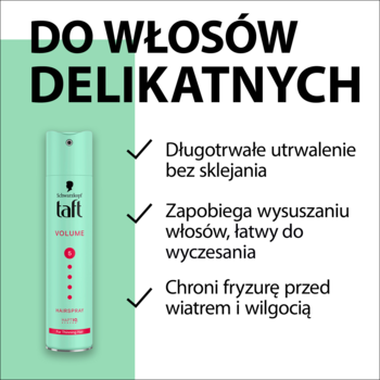 Schwarzkopf Taft Volume lakier do włosów delikatnych, miętowa butelka z opisem utrwalenia i ochrony.