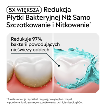 Listerine Cool Mint: zęby przed (osad) i po (czyste, płukane niebieskim płynem) - 5x redukcja płytki, 97% bakterii.
