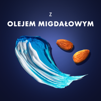 Gillette Fusion: 'Z OLEJEM MIGDAŁOWYM'. Smuga biało-niebieskiego żelu i migdały na ciemnym tle.