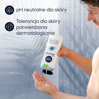 Mężczyzna wylewa żel NIVEA MEN Sensitive 3w1 z białej butelki z niebieskimi akcentami. W tle ikony o pH i testach.