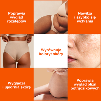 Bio-Oil: kolaż z ilustracjami efektów. Poprawa rozstępów, blizn potrądzikowych, wyrównanie kolorytu, nawilżenie skóry.