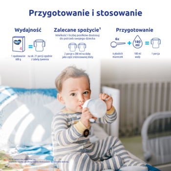 Bebiko Junior 4: Dziecko w piżamie pije z butelki na łóżku, tło z infografiką przygotowania mleka.