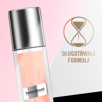 Zbliżenie na flakon dezodorantu bruno banani. Obok złota klepsydra, napis DŁUGOTRWAŁA FORMUŁA.