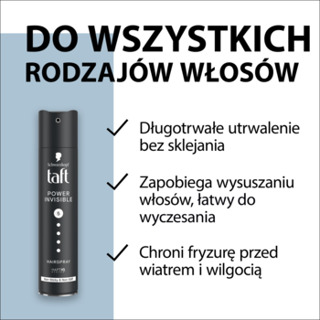 Czarny lakier Taft Power Invisible do wszystkich rodzajów włosów, utrwala bez sklejania. Widok z przodu.