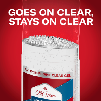 Antyperspirant Old Spice Whitewater Clear Gel, zbliżenie na aplikator. Podkreśla "GOES ON CLEAR, STAYS ON CLEAR".