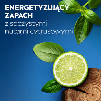 NIVEA MEN Żel 3w1, energetyzujący zapach cytrusów z bazylią i drewnem na niebieskim tle.