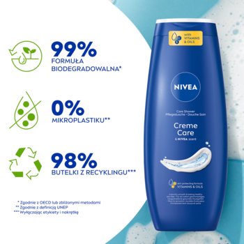 NIVEA Creme Care żel pod prysznic, niebieska butelka z białym logiem. Eko-cechy: 99% biodegradowalny, 98% z recyklingu.
