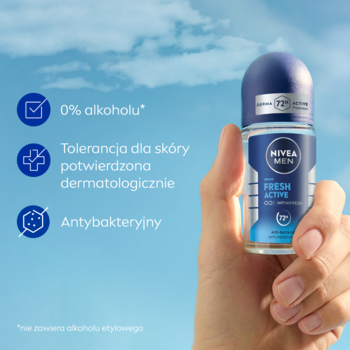 Dłoń trzyma niebieski NIVEA MEN Fresh Active antyperspirant roll-on 72h, z cechami 0% alkoholu i antybakteryjny.