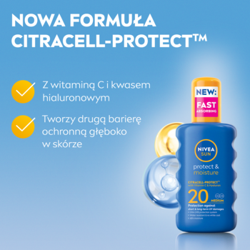 Nivea Sun Protect&Moisture balsam SPF 20 w niebieskiej butelce sprayu, widok z boku, z opisem formuły Citracell-Protect.