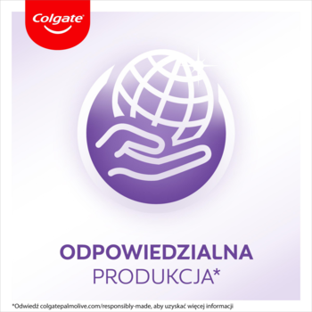 Colgate: biała dłoń obejmująca globus w fioletowej ikonie, pod nią napis 'ODPOWIEDZIALNA PRODUKCJA'.