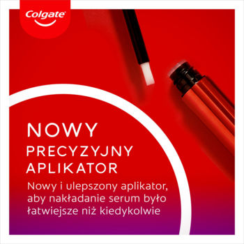 Colgate Max White Pen, zbliżenie na nowy czerwono-czarny aplikator z białym pędzelkiem, hasło: Precyzyjny Aplikator.