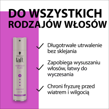 Lakier Taft Perfect Flex w srebrnej butelce. Do wszystkich rodzajów włosów, zapewnia trwałe utrwalenie i ochronę przed wilgocią.