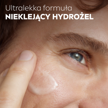 Zbliżenie na mężczyznę nakładającego bezbarwny NIVEA MEN Hyaluron Hydrożel przeciwzmarszczkowy na skroń.