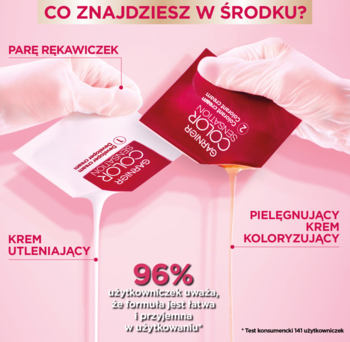 Zestaw Garnier Color Sensation 3.0, szampon koloryzujący. Widoczne kremy i rękawiczki na różowym tle.