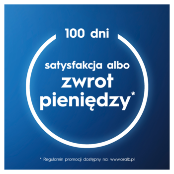 Promocja Oral-B na szczoteczki elektryczne: 100 dni na zwrot pieniędzy lub satysfakcję, biały okrąg na niebieskim tle.