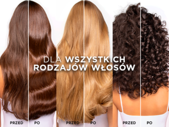 Elseve Hyaluron Pure serum: przed i po na brązowych, blond i kręconych włosach. Tekst: "DLA WSZYSTKICH RODZAJÓW WŁOSÓW".