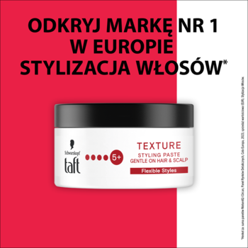 Schwarzkopf Taft Texture Styling Paste 5+ w białym słoiku, do elastycznych stylizacji, na czerwono-białym tle.
