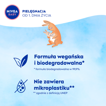 NIVEA BABY grafika z zającem, podkreśla: wegańska i biodegradowalna formuła, bez mikroplastiku. Pielęgnacja od 1. dnia.