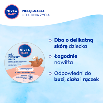NIVEA BABY Mój Pierwszy Krem w białym słoiku z etykietą z misiem, obok punkty o pielęgnacji i nawilżaniu skóry.