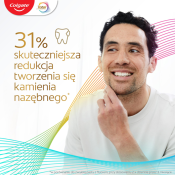 Colgate Total Anti-Tartar: uśmiechnięty mężczyzna, reklama o 31% skuteczniejszej redukcji kamienia nazębnego.