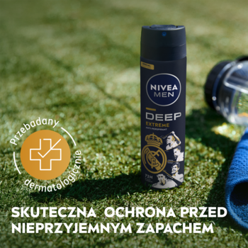 NIVEA MEN Deep Extreme antyperspirant w sprayu z logo Real Madryt na tle trawy, przebadany dermatologicznie.