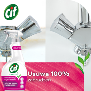 Cif Cleanboost uniwersalny spray z wybielaczem. Chromowany kran przed i po czyszczeniu, butelka; usuwa 100% brudu.