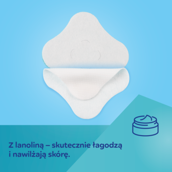 Dwie białe hydrożelowe wkładki Canpol Babies z lanoliną dla ukojenia brodawek, jedna złożona, na niebieskim tle.