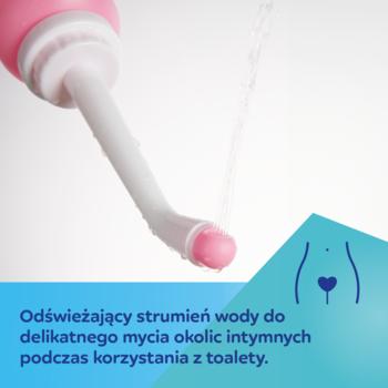 Canpol Babies butelka poporodowa Express Care: zbliżenie na białą dyszę z różową końcówką i strumieniem wody.