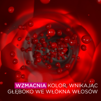 Garnier Olia farba do włosów: Czerwone cząsteczki w tunelu, tekst "WZMACNIA KOLOR, WNIKAJĄC GŁĘBOKO WE WŁÓKNA".