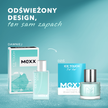Dwa flakony wody MEXX Ice Touch: stary (białe pudełko, 45ml) i nowy (niebieskie pudełko, 30ml) design, na mroźnym tle.