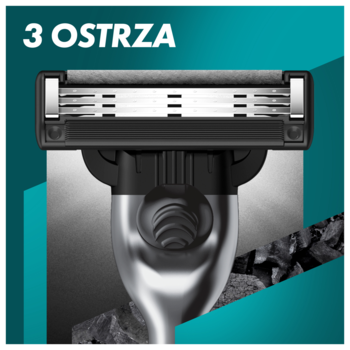 Zbliżenie na maszynkę Gillette Mach3 Charcoal z 3 ostrzami i nawilżającym paskiem. Tło z węglem.