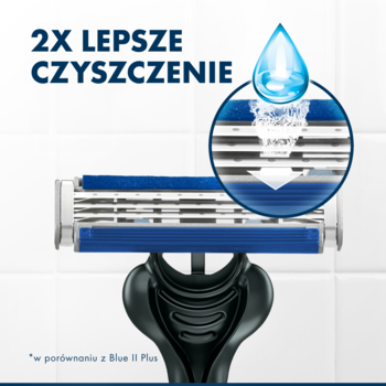 Gillette Blue3 Plus maszynka jednorazowa, zbliżenie na głowicę z 3 ostrzami, widok ilustrujący 2x lepsze czyszczenie.