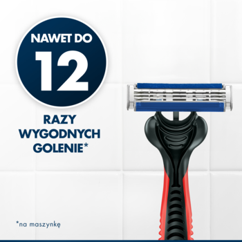 Gillette Blue3 Plus maszynka do golenia z czerwonym uchwytem, trzy ostrza, tekst o 12 wygodnych goleniach.
