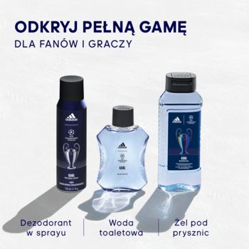 Zestaw adidas UEFA Champions League Goal: ciemny dezodorant, błękitna woda toaletowa i żel, z logo pucharu.