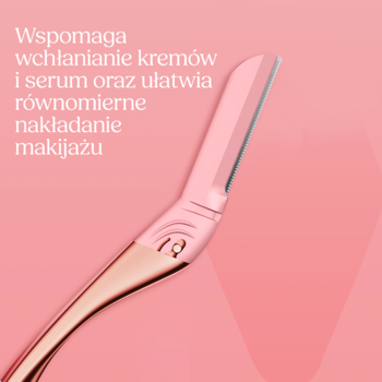 Różowa, ergonomiczna maszynka do dermaplaningu Wilkinson Intuition na tle z tekstem o wchłanianiu kremów.