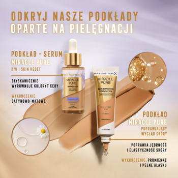 Max Factor Miracle Pure: podkład-serum i podkład pielęgnacyjny w tubce, z próbką satynowo-matowego wykończenia.