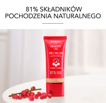 Bourjois Healthy Mix BB Cream, czerwona tubka z napisem 81% składników naturalnych, obok czerwone jagody.