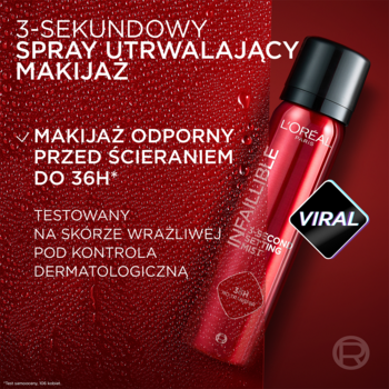 L'Oréal Infaillible 3-sekundowy spray utrwalający makijaż, czerwona metalowa butelka z czarną nakrętką, na tle czerwonej tekstury. Etykieta VIRAL.