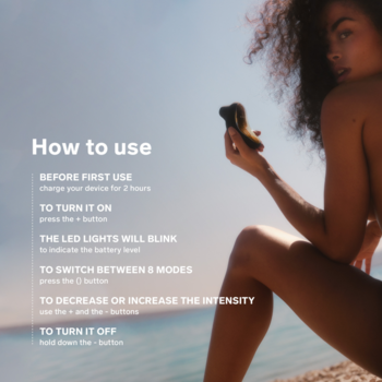 Woman holds dark Lelo Sona massager; left side shows "How to use" instructions on a bright background.