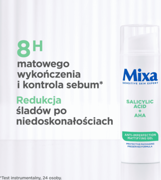 Biała butelka Mixa Anti-Imperfection Mattifying Gel z kwasem salicylowym i AHA, widok z przodu, redukuje niedoskonałości.