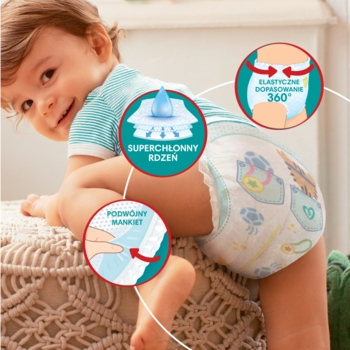 Uśmiechnięte dziecko w pieluchomajtkach Pampers Pants. Grafiki wskazują cechy: 360° dopasowanie, superchłonny rdzeń, podwójny mankiet.