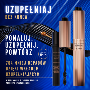 Dwie maskary Max Factor Supreme Recharge i wkład uzupełniający w złotym opakowaniu, na tle fal.