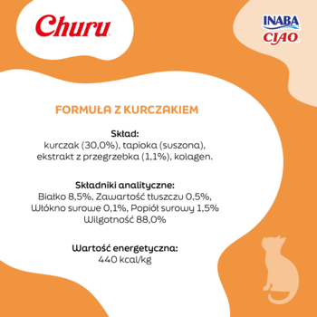 Szczegóły składu karmy Churu Kurczak na pomarańczowym tle: kurczak, tapioka, kolagen, wilgotność 88%.