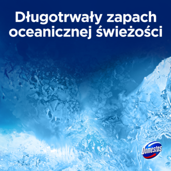 Grafika Domestos Power 5 Ocean: tekst 'Długotrwały zapach oceanicznej świeżości' na tle błękitnej wody.