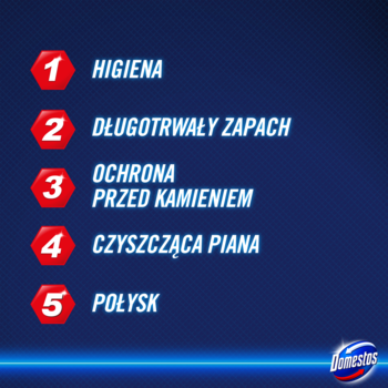 Grafika Domestos Power 5: pięć korzyści kostki toaletowej: higiena, długotrwały zapach, ochrona, piana, połysk.