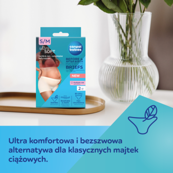 Niebieskie opakowanie Canpol babies Ultra Soft majtki ciążowe i poporodowe S/M, 2 szt., z wizerunkiem brzucha.