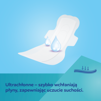 Biała superchłonna podpaska poporodowa Canpol babies ze skrzydełkami, z kroplami wody, na błękitnym tle.